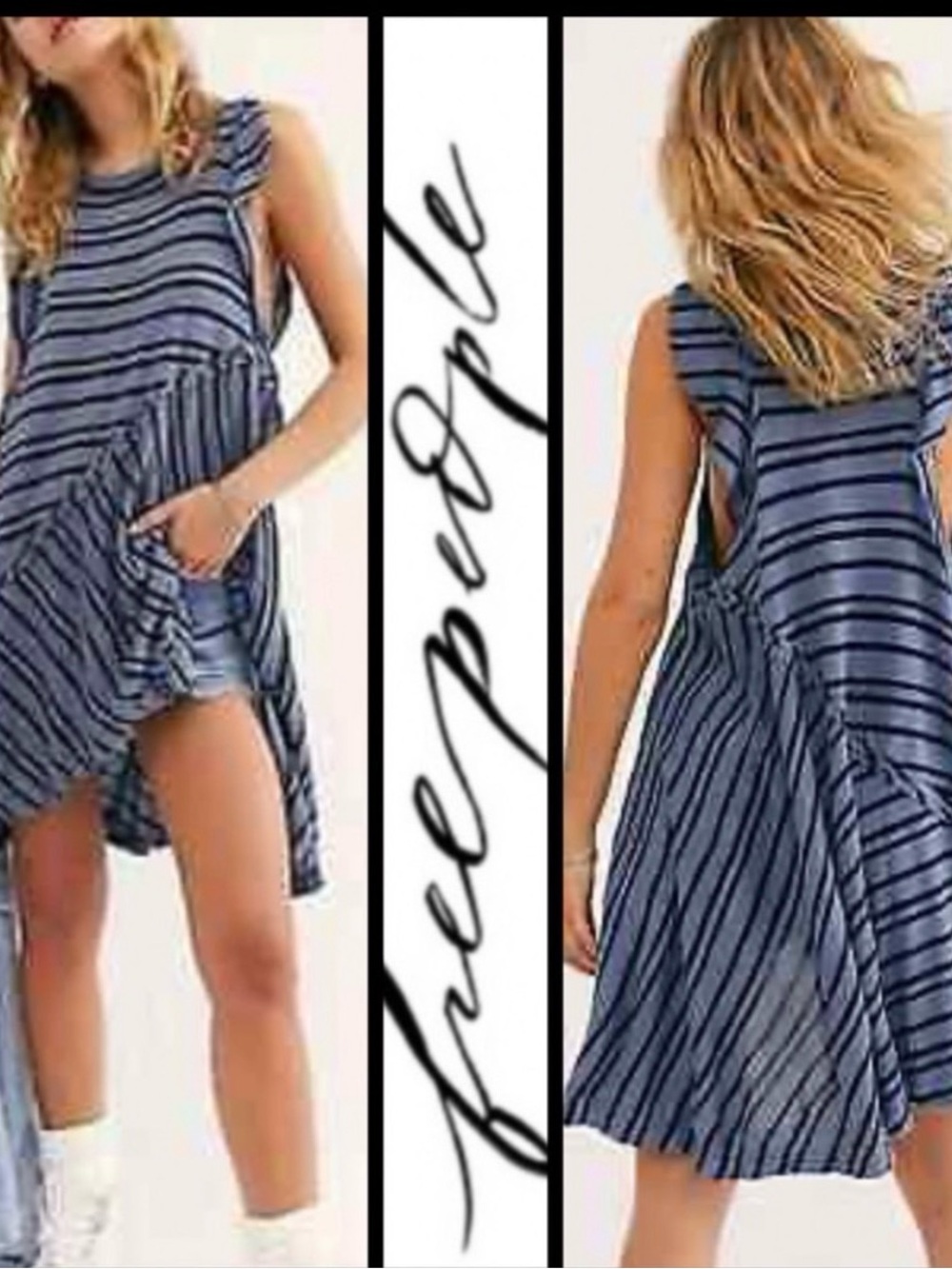 Free People Navy & Light Blue Striped Sleeveless Swing Dress